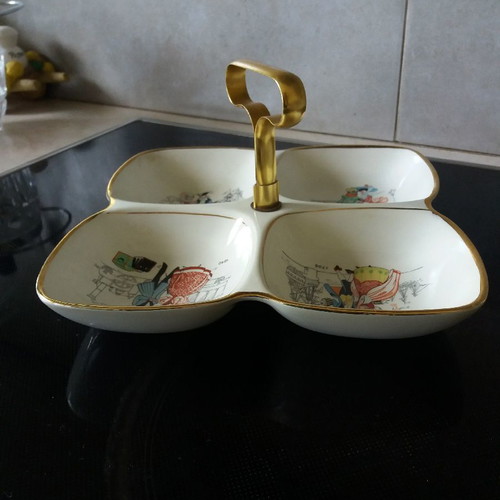 Vintage bowl for nuts used, porcelain with brass handle