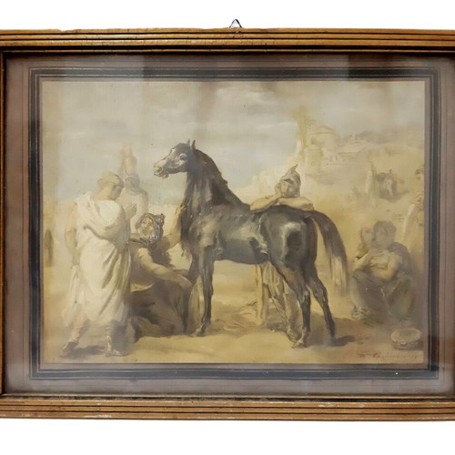 An Arab Presenting a Mare vintage reproduction print used, framed under glass