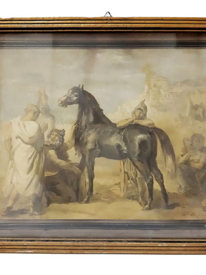 An Arab Presenting a Mare vintage reproduction print used, framed under glass