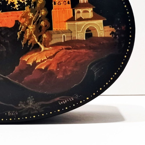 Russian lacquer box used with hand-painted art from Kholuy city museum