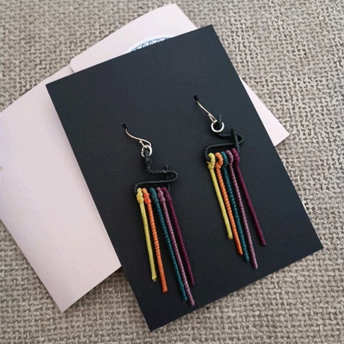 Handmade earrings with wire, wax thread, silk thread, silver hook new