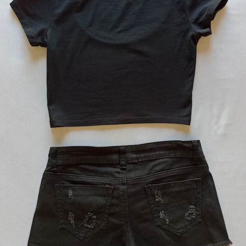 Pink Woman black denim shorts size S like new with Bershka crop top