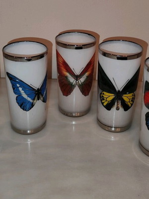 Vintage opaline glasses (5) with butterfly motifs and silver rim refurbished
