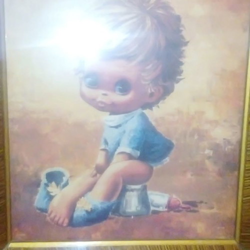 Big Eye Kids framed painting boy on potty used vintage