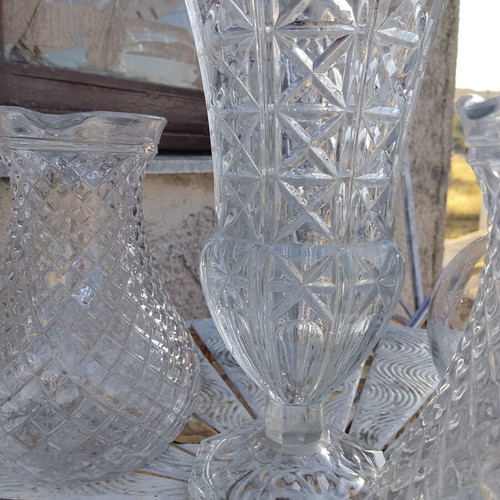 Vintage glassware set of 5 pieces, used, including pitchers and vase