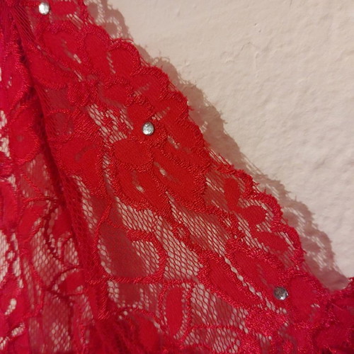 Christmas negligee semi-transparent red with lace and feathers