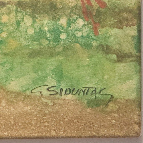 Original Painting by Giorgos Siountas Floral Composition on Green Background like new