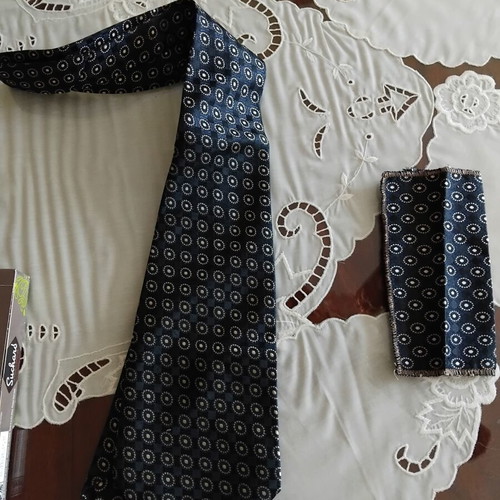 Vintage men's tie and pocket square set, dark blue with geometric pattern