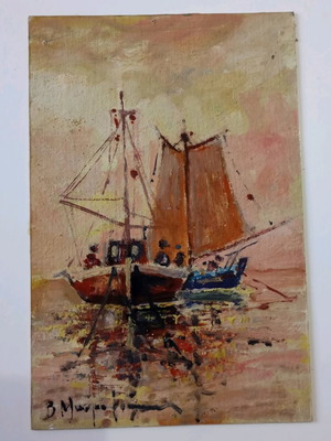 Oil painting used, boats by V. Mavrogiannis on cardboard 23.5x15 cm