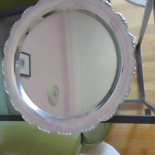 2 stainless steel round serving trays, large 38cm, small 26cm