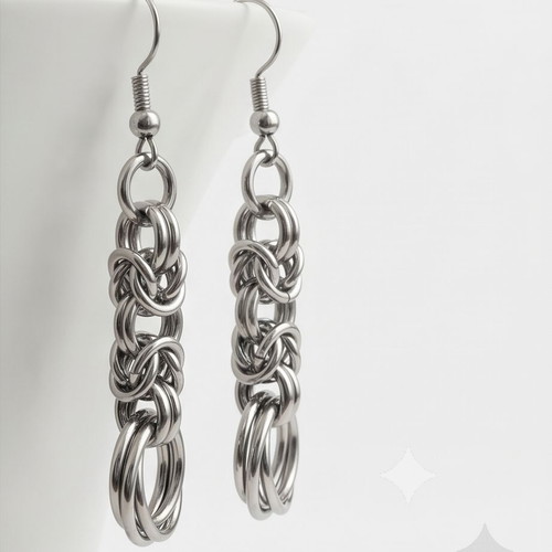 Chainmail earrings with Byzantine weave steel silver color new