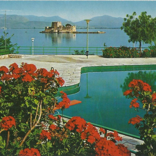 Postcard Nafplio Greece 1980s with Bourtzi view