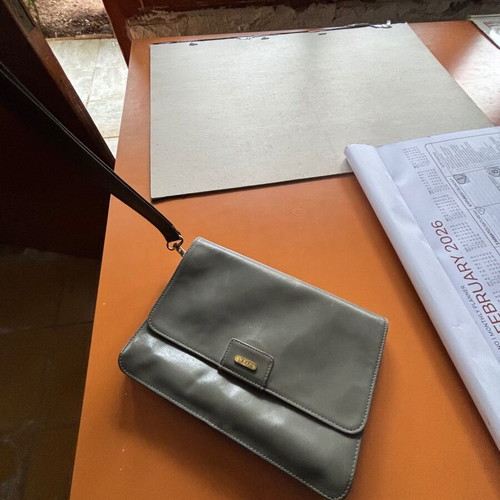 Hand wallet used, leather gray with multiple compartments