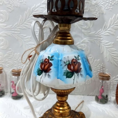 Vintage table lamp with glass chimney and carved brass base used