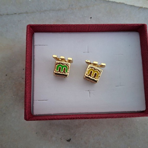 Gold Color Earrings with Letter M and Strass, Vintage Design, New