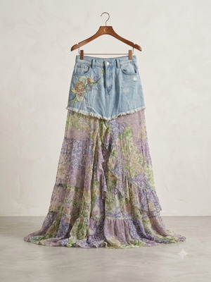 Boho Camelot maxi skirt like new, silk and denim with embroidery