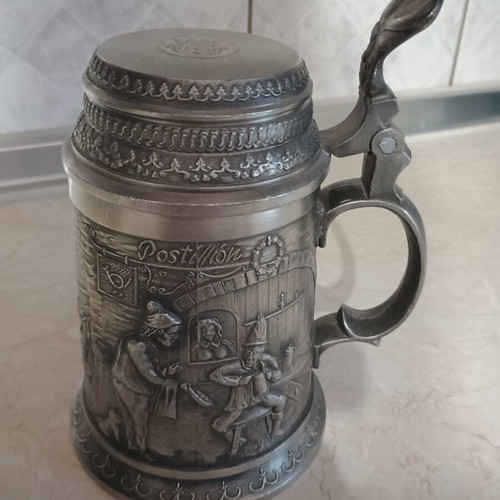 Vintage German beer stein used, embossed tavern scenes, 95% pewter