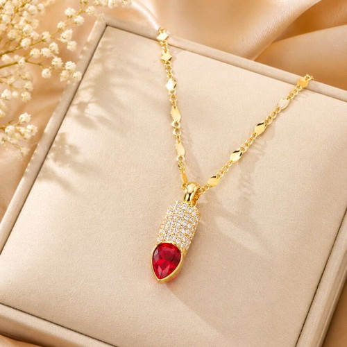 Gold necklace with luxury ruby pendant and sparkling zirconia new