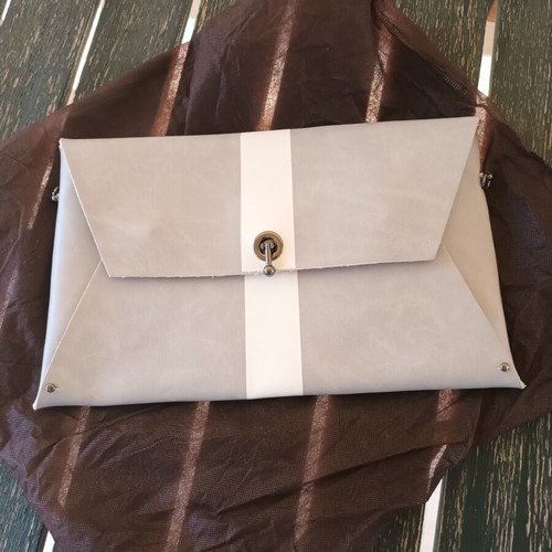 Clutch bag new, white and grey, 34x21 cm with chain