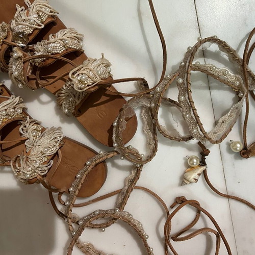 Elina Linardaki gladiator sandals used, size 36 with beads and pearls