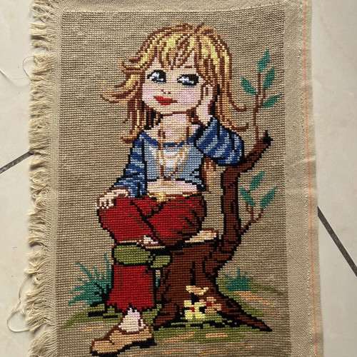 Handmade textile painting used, framed 0.44x0.22 m