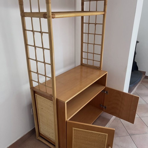 Rattan and wood display bookcase shelving unit used