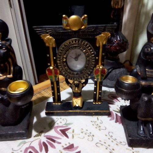 Ethnic table clock and two candle holders set used, Egyptian style