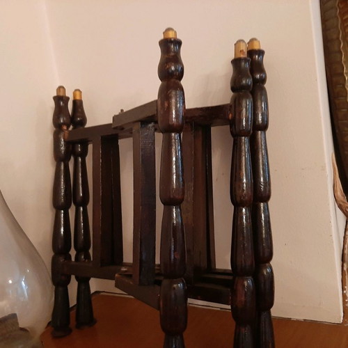 Bronze tray used with Egyptian designs and folding wooden stand