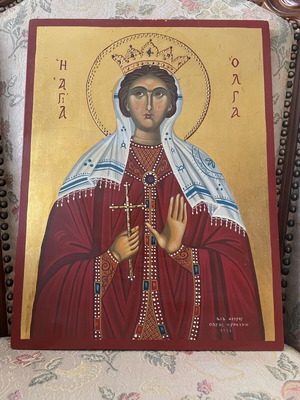 Handmade icon of Saint Olga in excellent condition 1993