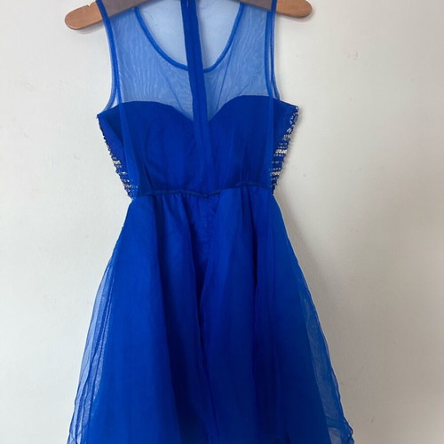 Evening mini dress with beads and transparency like new, blue