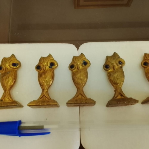 Set of 5 vintage large bronze Athena owls used