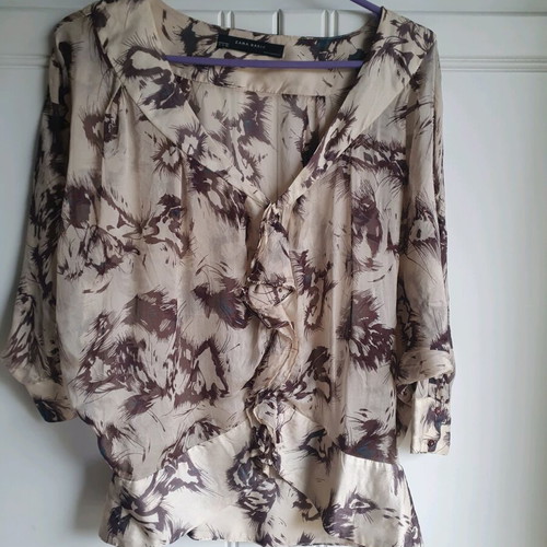 Zara all-silk blouse like new, printed beige brown