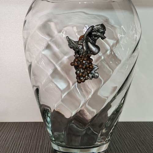 Crystal glass vase with metal grape and vine applique