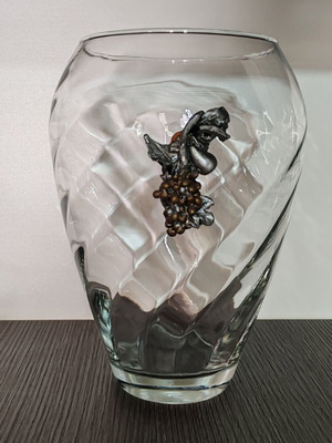 Crystal glass vase with metal grape and vine applique