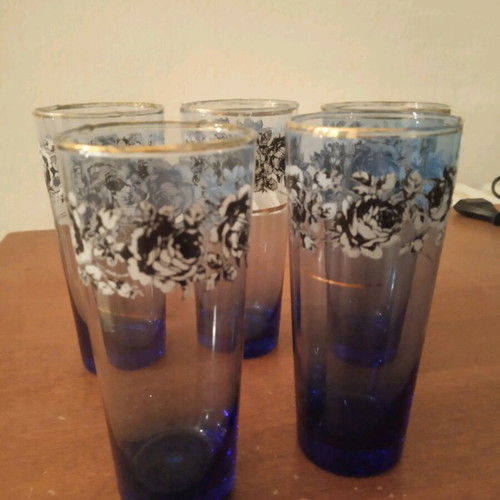 Vintage glasses used, blue with flowers and gold, set of 5