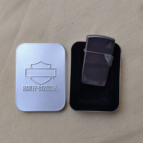 Zippo Slim Midnight Chrome Harley-Davidson Wing lighter mint condition