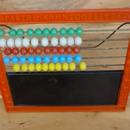 Red plastic abacus up to 50 with alphabet and blackboard, like new, 1980s