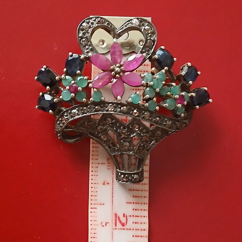 Large brooch with diamonds, sapphires, rubies and emeralds, 14K gold and silver