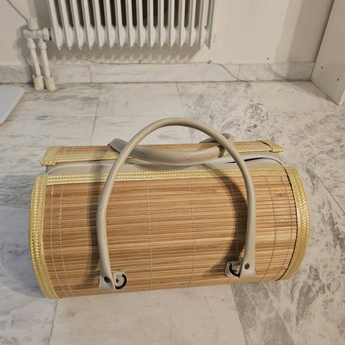 Soft wooden handbag with fabric beige like new