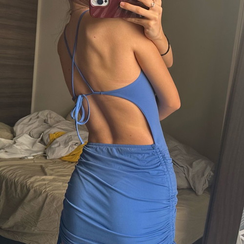 Blue bodycon mini dress with tie up detail like new