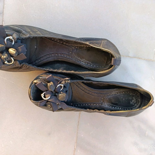 Black Genuine Leather Peep-Toe Ballet Flats - Size 39