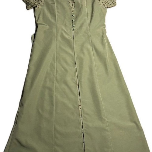 Vintage sage green dress size 40 with floral insert buttons puff sleeves midi