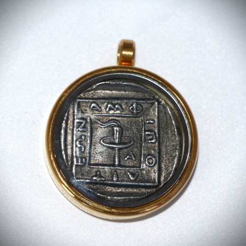 Pendant with ancient silver-plated coin - replica - Amphipolis - Philip, glass case 22K gold-plated