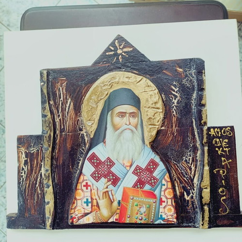 Saint Nektarios wooden colorful image new 31x28