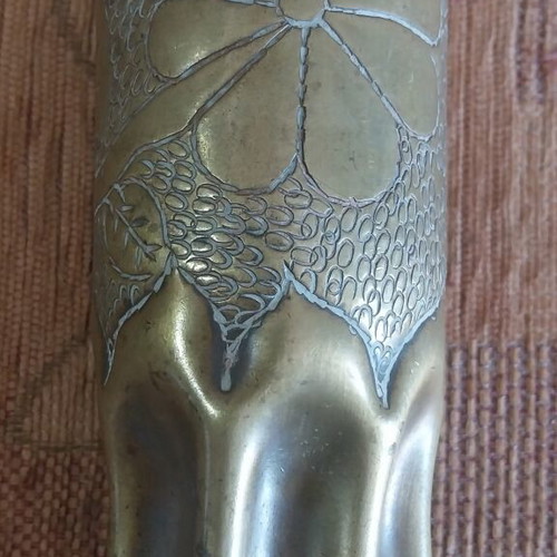 Brass carved flower vase 1945 used, height 17 cm, diameter 8 cm