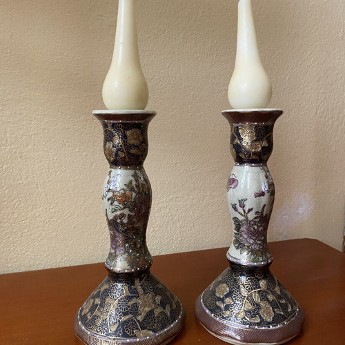 Satsuma porcelain candlesticks vintage hand painted, like new set