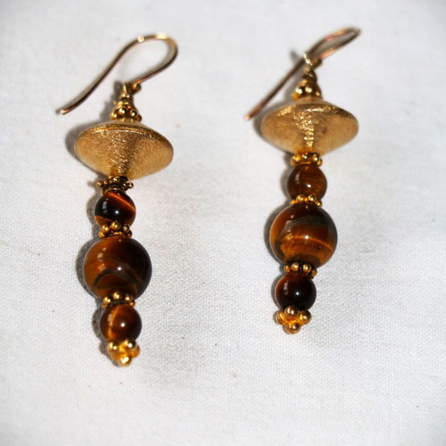 Gold earrings with tiger's eye and 22K gold-plated clasp new