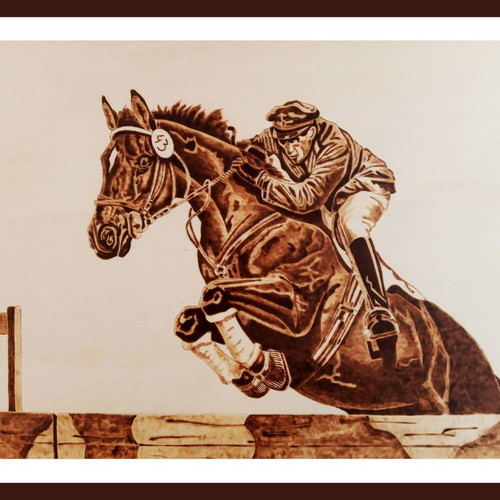 Horse Racing Pyrography Painting new on poplar wood