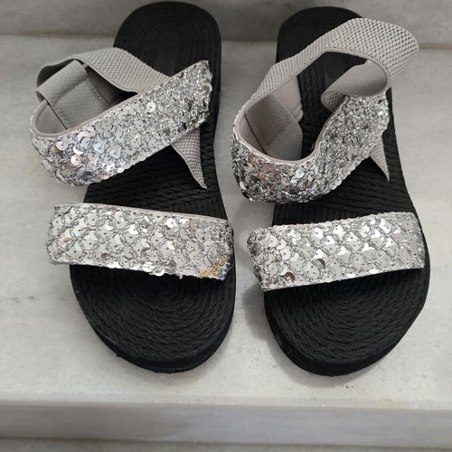 Platform sandals like new, black with silver sequins and grey elastic straps