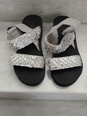 Platform sandals like new, black with silver sequins and grey elastic straps